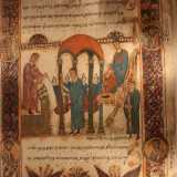 ...e la comunit� della Chiesa rappresentata nel momento della benedictio cerei con un baldacchino al centro, il vescovo in alto a destra e sulla sinistra il diacono che svolge l�Exultet